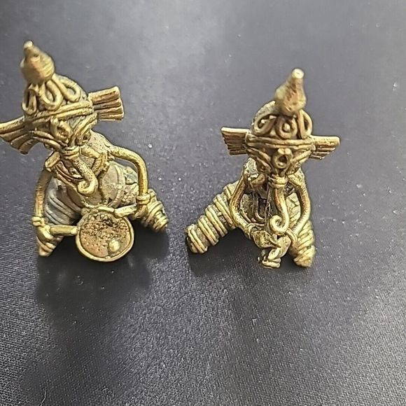 Set Of 2 Brass Miniature Musicians Wearing Elephant Mask - Picture 6 of 10
